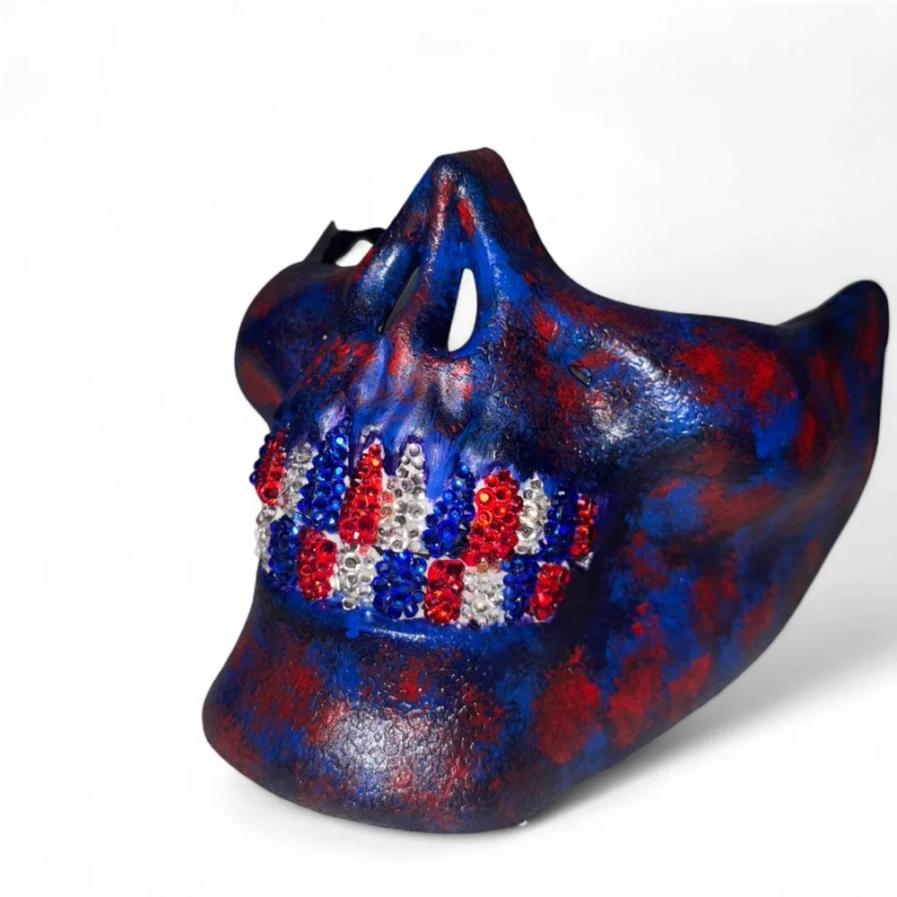 Blue & Red Half Skull Mask With Blinged Out USA Mix Luxe Crystal Grillz New